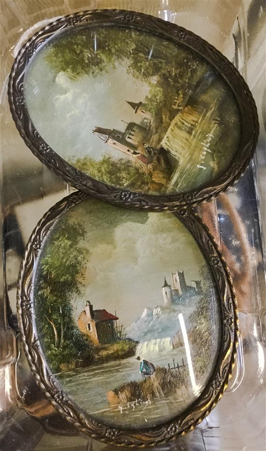 Pair of Italian miniature oval scenes with figures and castles, oil on card